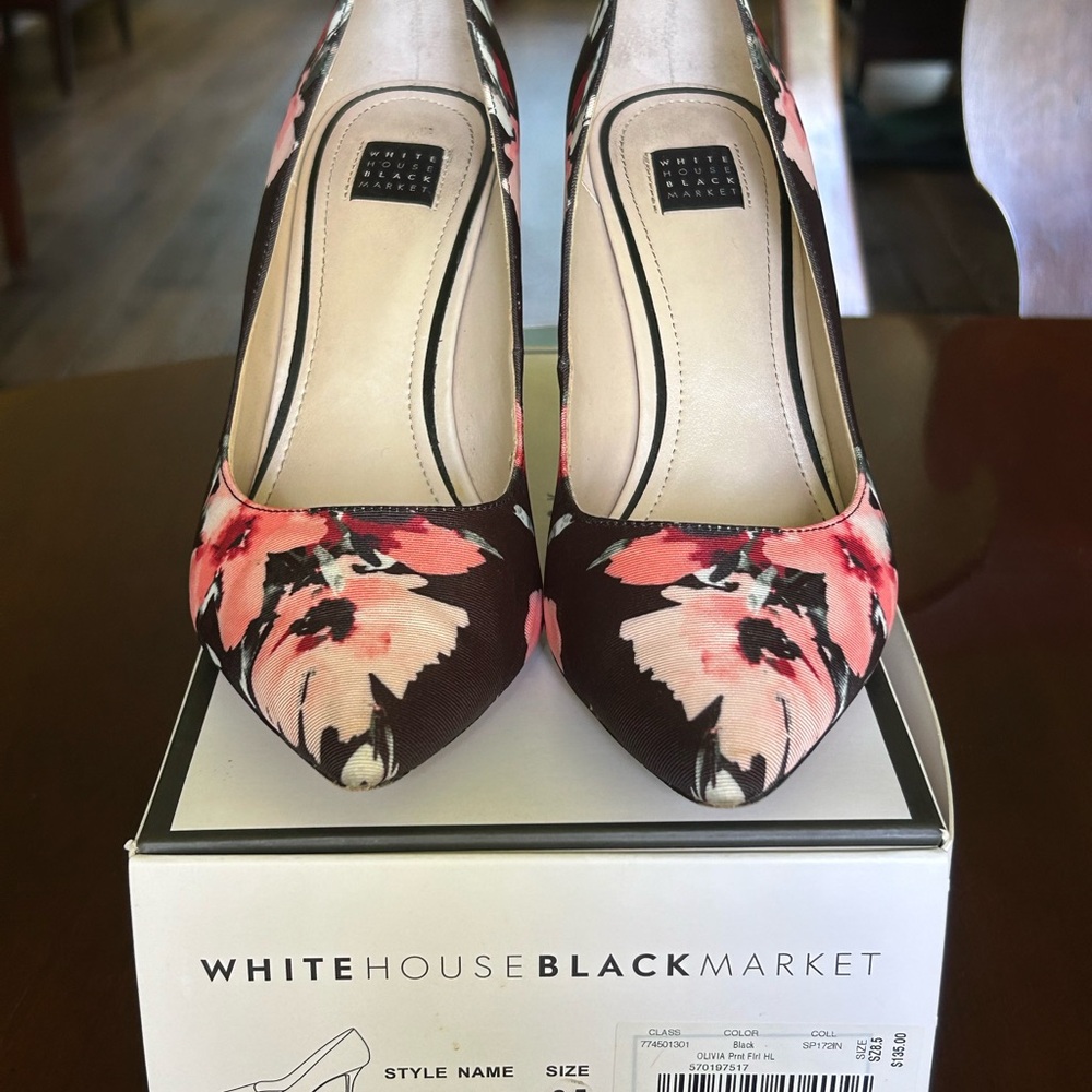 White House Black Market Black and Pink Floral Heels